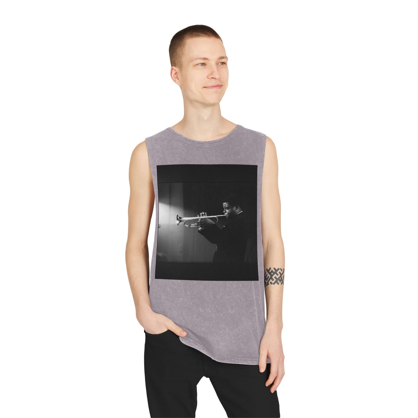 Vintage Jazz Trumpet Photo Tank Top — Retro Musician Stonewash Tee