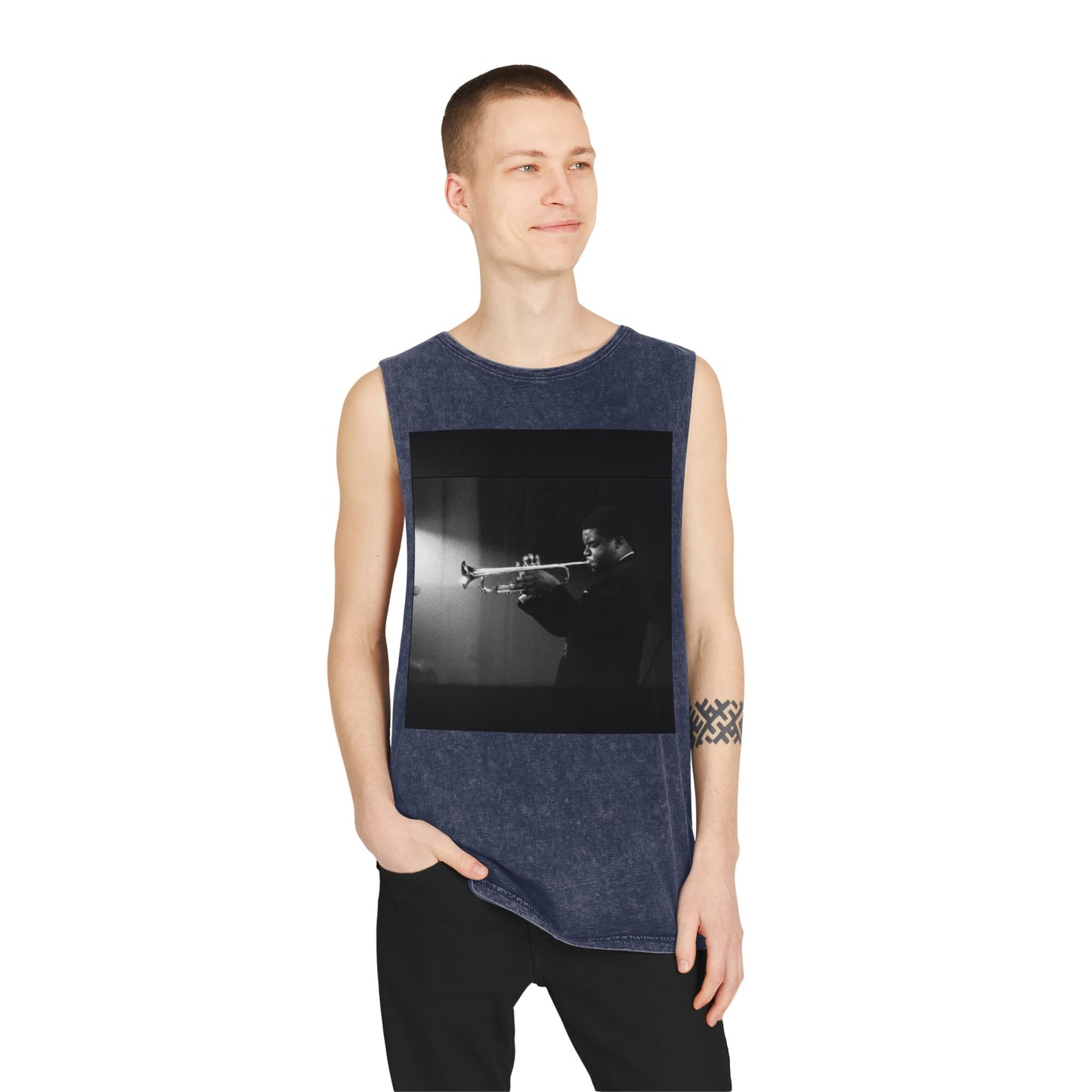 Vintage Jazz Trumpet Photo Tank Top — Retro Musician Stonewash Tee