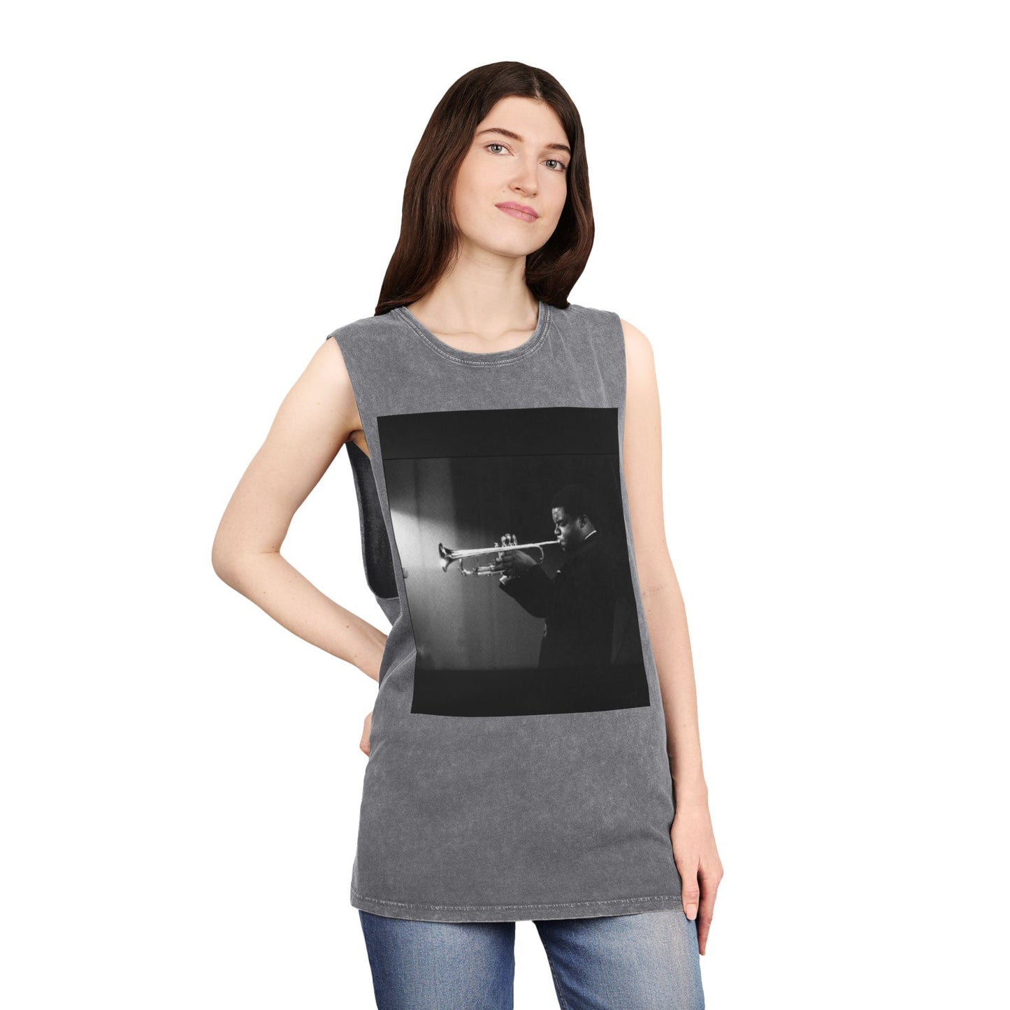Vintage Jazz Trumpet Photo Tank Top — Retro Musician Stonewash Tee