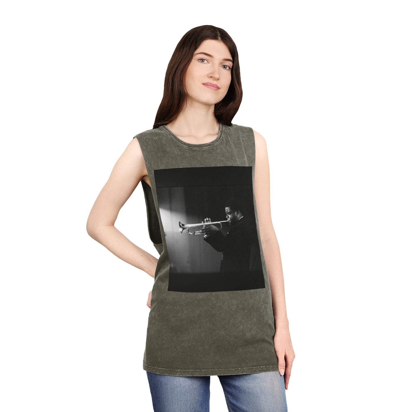 Vintage Jazz Trumpet Photo Tank Top — Retro Musician Stonewash Tee