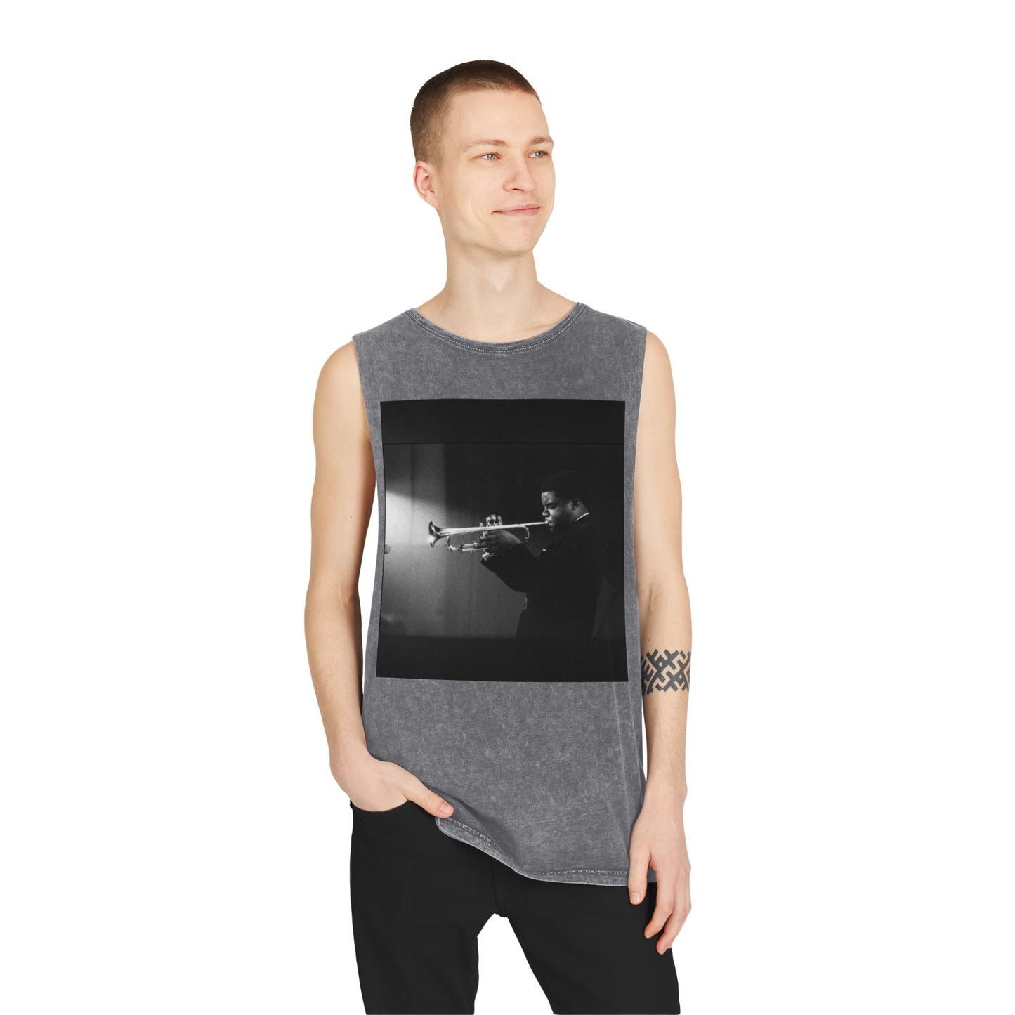 Vintage Jazz Trumpet Photo Tank Top — Retro Musician Stonewash Tee
