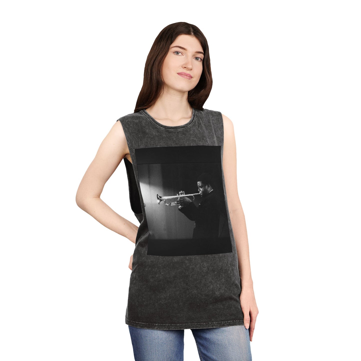 Vintage Jazz Trumpet Photo Tank Top — Retro Musician Stonewash Tee
