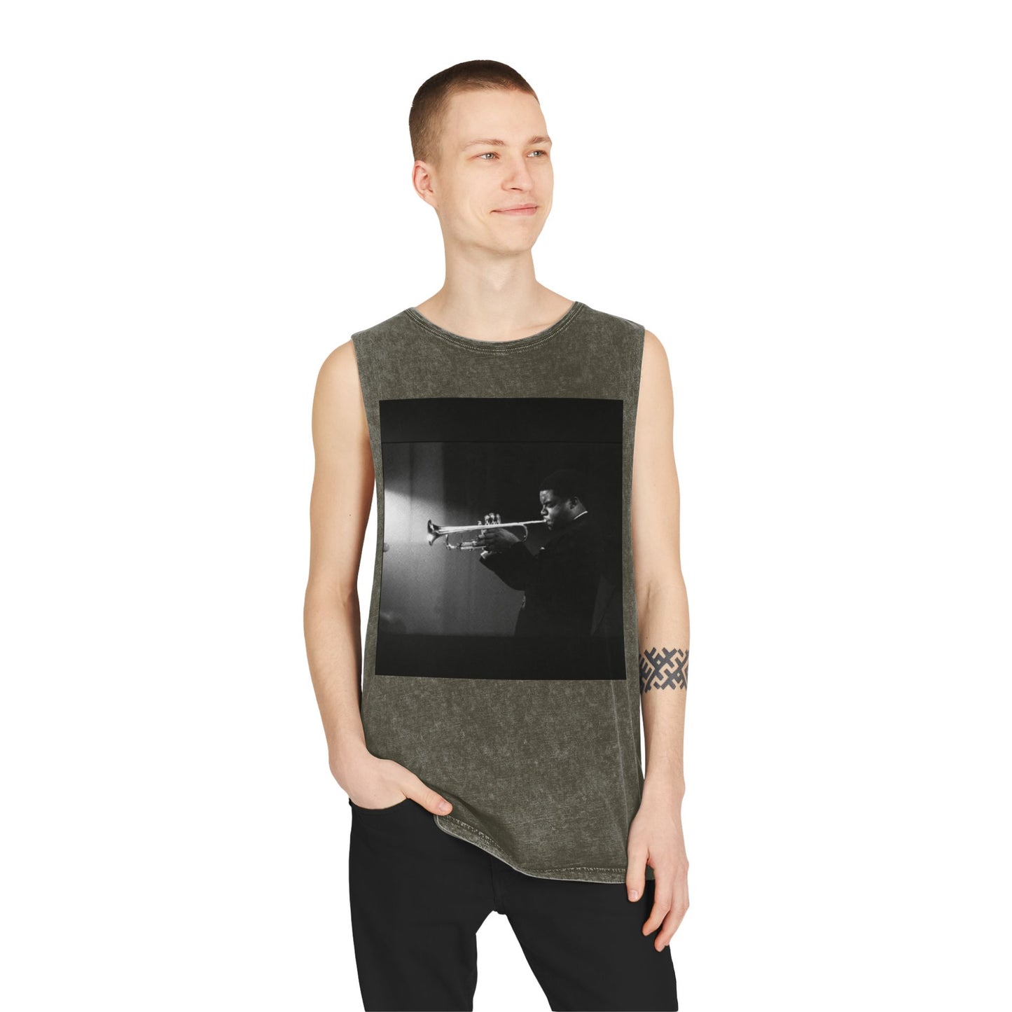 Vintage Jazz Trumpet Photo Tank Top — Retro Musician Stonewash Tee